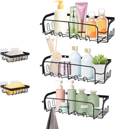 Famanu – Douchecaddy set van 5, doucherek zonder boren met zeephouder en haken, roestvrij badkamer organizer voor douche en keuken, zwart