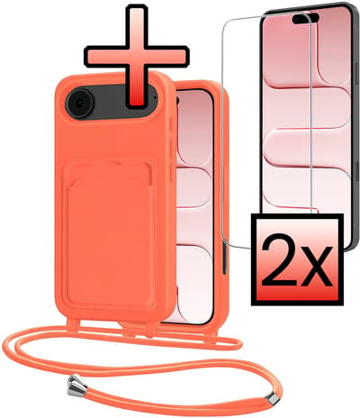 Hoes Geschikt voor iPhone Air Hoesje Pasjeshouder Cover Met Koord Case Siliconen Hoes Met Telefoonkoord en Kaarthouder Met 2x Screenprotector - Papaya