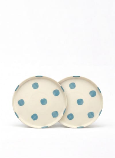 vtwonen - Borden - Lunchbord - Stippen - Blauw - Set van 2 - Keramiek - 20cm