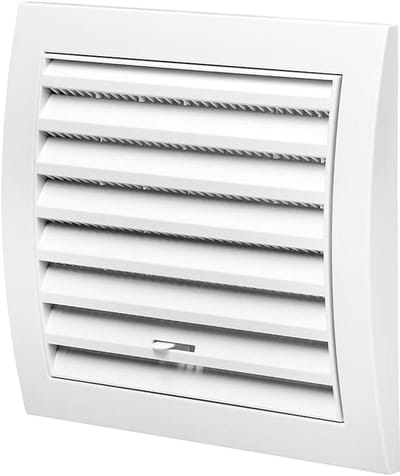 Ventilatierooster met lamellen, insectenwerend, regenbestendig, handmatig regelbaar, 153x148 mm, afvoerlucht, toevoerlucht, sleufrooster, wit, kunststof, A15WR