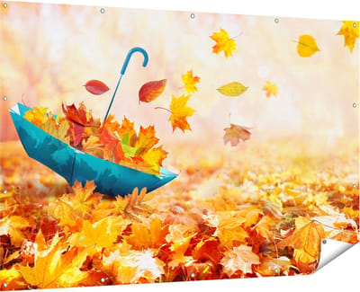 Gards Tuinposter Blauwe Paraplu in de Herfstbos met Bladeren - 180x120 cm - Tuindoek - Tuindecoratie - Wanddecoratie buiten - Tuinschilderij