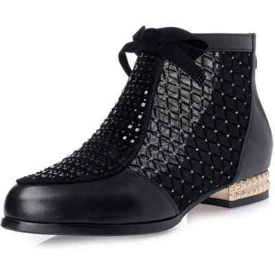 Echt Leer Nieuwe Mode Dames Platte Hakken Veters Enkelbandje Uitgesneden Sandalen Ronde Neus Rits Laarzen De Mujer 42 zwart