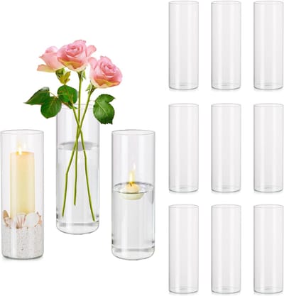JHUBERS- Glazen Cilinder Vaas - Set van 12 - 20cm Helder Glas - Bloemenvazen voor Binnen - Hurricane Kaarsenhouder - Ronde Bloemenvaas - Bloemenvase