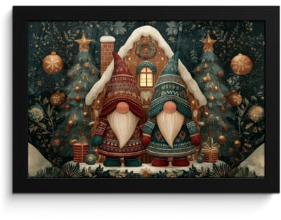 Poster in lijst - Fotolijst 30x20 cm - Posters - Kerst - Gnomen - Peperkoekhuisje - Rood - Groen - Posterlijst zwart - Decoratie - Wanddecoratie woonkamer - Muurdecoratie slaapkamer - Kerstversiering - Kerstdecoratie voor binnen - Kerstmis
