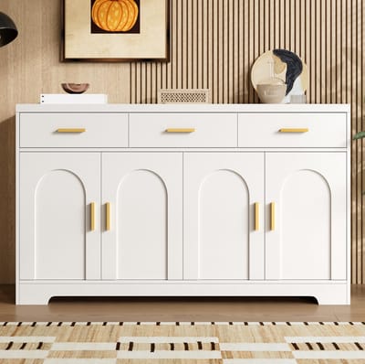 FloraGrace Dressoir - Vier Deuren En Drie Lades Met Verstelbare Planken - Voor Woonkamer, Eetkamer En Hal - MDF - 140x40x83 Cm - Wit