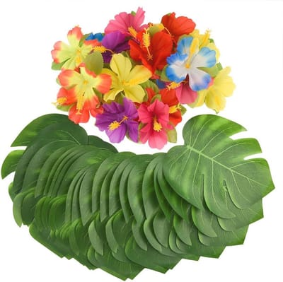 Tropische Feestdecoratie - 60 Stuks Simulatie Palmbladeren en Hibiscusbloemen voor Themafeesten en Events