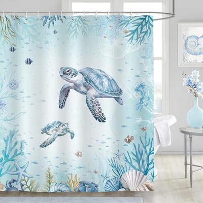 Allecto - - Douchegordijn - Zeedier Print - Waterdicht - Teal Blauw - Nautisch Thema - Geschikt voor Badkamer - 180x180 cm