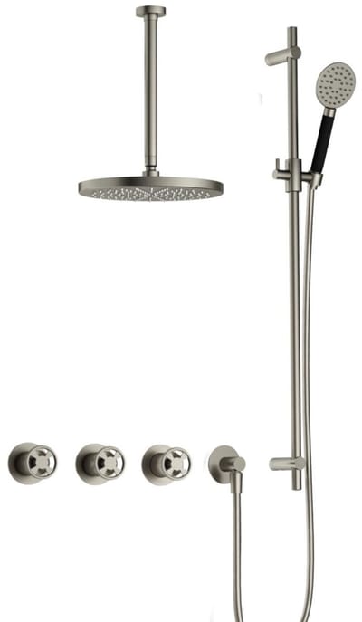 Hotbath Cobber @Work IBSW70 inbouw regendoucheset met ronde handdouche aan glijstang en 30cm ronde hoofddouche aan 30cm plafondarm geborsteld nikkel