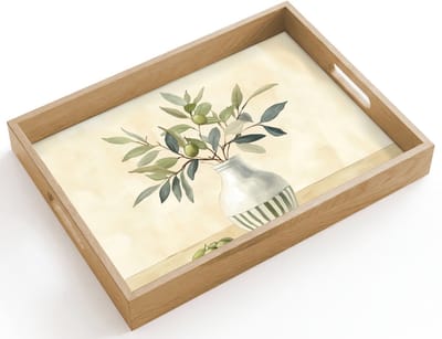 Dienblad hout 40x30 cm - Schootdienblad - Vaas - Keramiek - Olijftakken - Borrelplank rechthoek - Plateau dienbladen