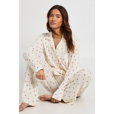 boohoo Dames Strik Print Pointelle Lange Mouw Shirt & Broek Pyjama Set | Wit | Maat: 44