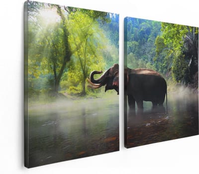 Artaza Canvas Schilderij Tweeluik Olifant In Het Water - 120x80 - Foto Op Canvas - Canvas Print