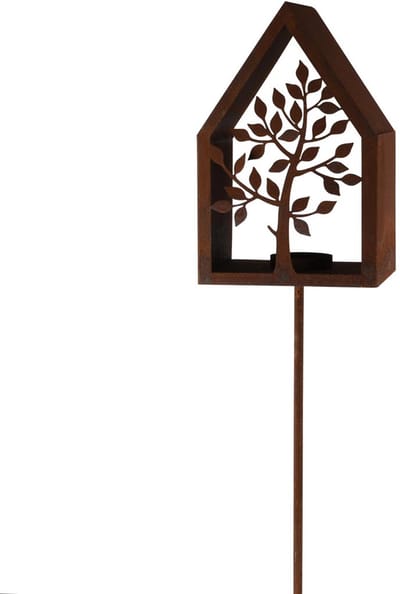 Dekoratief | Tuinprikker theelichthouder huis m/boom, roest, metaal, 15x130cm | A260484