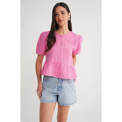 Gestructureerde Mousseline Blouse met Ronde Hals en Knopen Sluiting