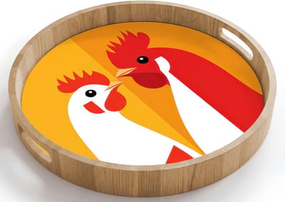 Dienblad rond 40x40 cm - Schootdienblad hout - Kippen - Oranje - Vlakken - Borrelplank rechthoek - Plateau houten dienbladen
