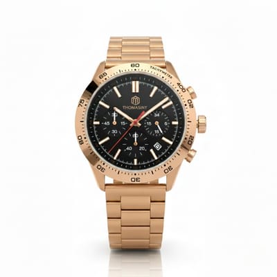 THOMASINY CHRONOGRAAF® MIDNIGHTROSEGOLD Horloge - Heren - Roségoud/Zwart Met Roségouden Accenten - Roségoudkleurige Stalen Band