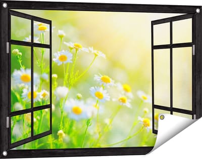 Gards Tuinposter Doorkijk Witte Kamille Bloemen met Zonneschijn - 90x60 cm - Tuindoek - Tuindecoratie - Wanddecoratie buiten - Tuinschilderij