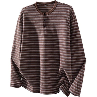 Gestreept Henry Kraag Sweatshirt Heren Herfst en Winter Grote Maat Japans T-shirt Top L bruin