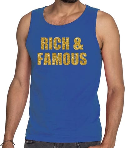 Rich and Famous glitter tekst tanktop / mouwloos shirt blauw heren - heren singlet Rich and Famous S