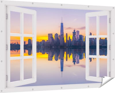 Gards Tuinposter Doorkijk New York Skyline bij Zonsopgang - 180x120 cm - Tuindoek - Tuindecoratie - Wanddecoratie buiten - Tuinschilderij