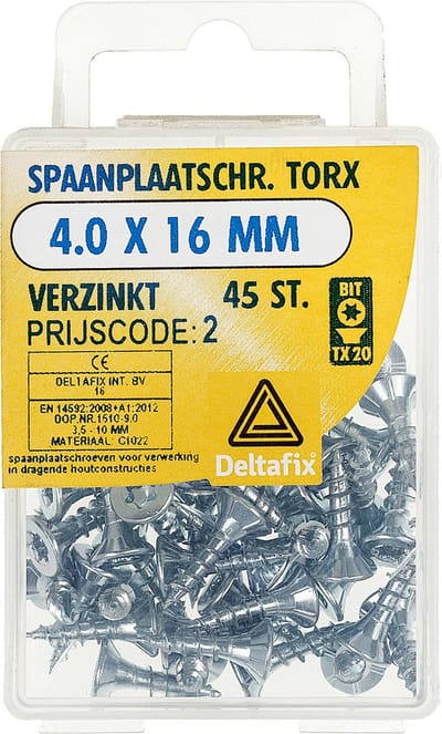 Spaanplaatschroef. 4.0 x 16mm. lang. Platkop / torx-T10. met Nibs. Type 17 snijpunt. Verzinkt. 45 stuks Houtschroeven. Deltafix.