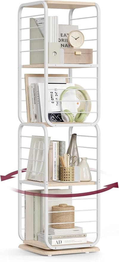 Furnstar Boekenkast – Draaibaar Rek met 4 Niveaus & Boekensteunen – Hoekrek voor Kleine Ruimtes – Stalen Frame – Beige-Wolkewit LLS127W67