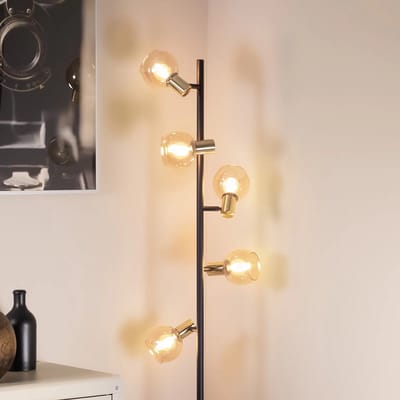 Industriële mat zwarte met zandgouden staande lamp en amberkleurig glas 5-lichts - Chula