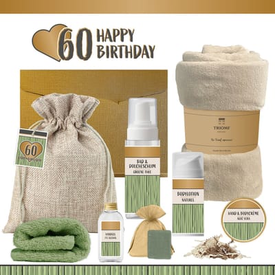 Geschenkset “60 Happy Birthday” - 8 producten - 1140 gram - Triomf Cosmetica | Luxe wellness Cadeaubox voor haar Giftset Verjaardag Zestig jaar Cadeau Pakket Gefeliciteerd Verjaardagscadeau Vrouw Party Sixty Years Hartje Goud Groen Beige