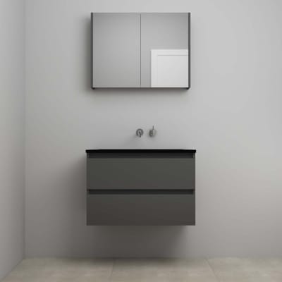 On-Line Badkamermeubelset - 80 cm - Voorgemonteerd - Ladestructuur - Acryl Wastafel - zonder Kraangat - Spiegelkast - Mat Antraciet