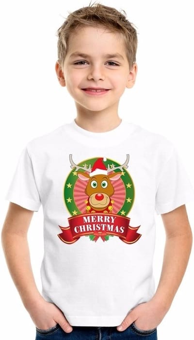Kerst t-shirt voor kinderen met rendier print - wit - shirt voor jongens en meisjes 134/140