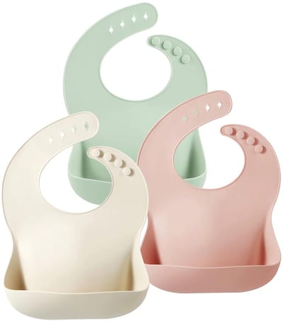 Unyqoos ® Set van Drie Zachte Silicone Slabbetjes met Verstelbare Sluiting en Opvangbakje