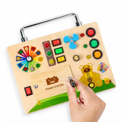 Bolke Busy Board Hout - Montessori Activiteitenbord - Sensorisch & Educatief Peuter Speelgoed 1-3 Jaar - Geluid & Licht