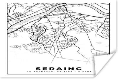 Poster Zwart Wit – België – Plattegrond – Stadskaart – Kaart – Seraing - 180x120 cm XXL