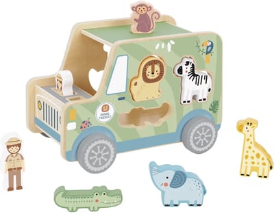 Tooky Toy Houten Safari Truck met Vormenstoof - FSC Hout - Dieren - Geschikt voor 1+ Jaar (Dreumes) - Vormenspel - Educatief & Montessori Speelgoed