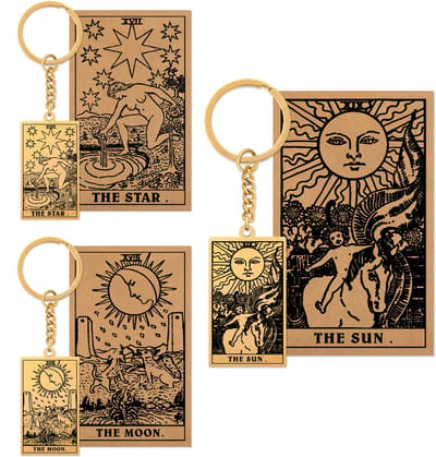 Tarot Sleutelhanger 17 | 18 | 19 bundel - Ster, Zon, Maan - Goudkleurig Stainless Steel - Inclusief Rider-Waite Kaartjes - Pax Amare