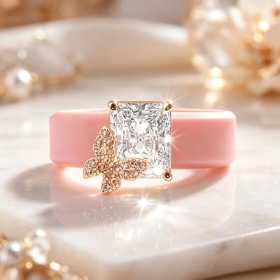 Dames Roze Siliconen Ring Vlinder Met Stralende CZ, Hypoallergeen Dagelijks Sport Bruiloftsring 8 beige