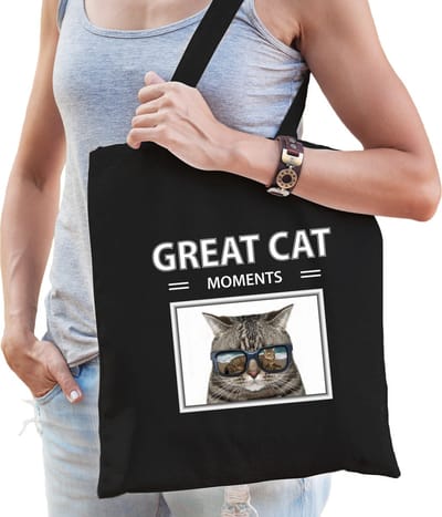 Dieren katten foto tas katoen volw + kind zwart - great cat moments - kado boodschappentas/ gymtas / sporttas - Katten