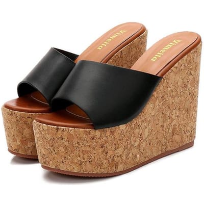 Zomer Dames 13cm Hoge Hakken Sandalen 7cm Platform Sleehakken Hennep Muiltjes Luxe Slipper Slides Vrouwelijke Leren Strand Jurk Schoenen 38 black