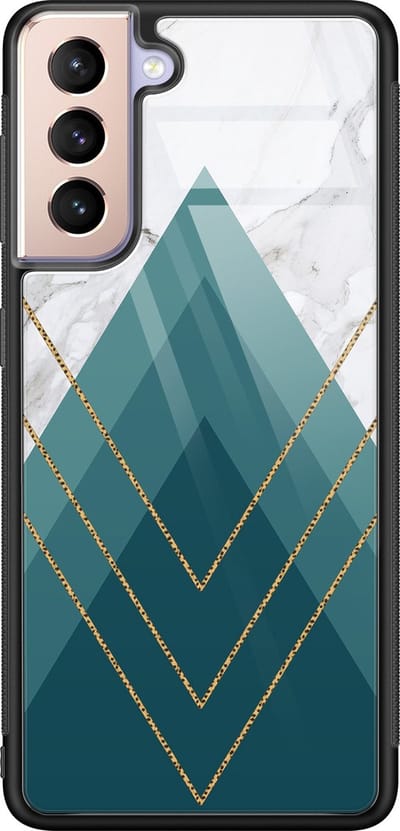 Hoesje geschikt voor Samsung Galaxy S21 - Geometrisch blauw - Luxe Glazen Hardcase - Print / Illustratie - Blauw