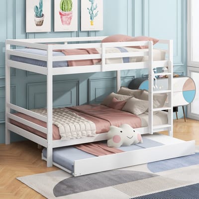 STILVORA Stapelbed 140x200cm – Stapelbed met uittrekbed en hoge beschermhekken – Stevige trap voor veilig in- en uitstappen – Grenen;MDF – Wit – Zonder matras