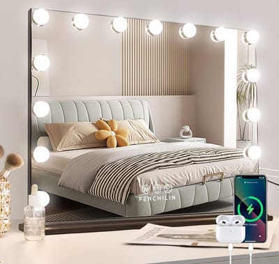 Hollywood spiegel met verlichting 15 dimmer LED lampen make-up spiegel met verlichting met Type-C USB oplaadpoort 3 lichtstanden, Hollywood make-up spiegel met verlichting Zwart 58x48cm