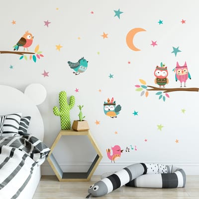 Muurstickers - Uilen en zangvogels van het bos - Zelfklevende stickers - 145x110cm