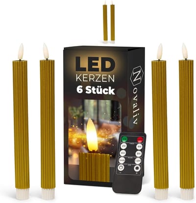 LED-kaarsen met timer GOUD 6 stuks Binnen 6 uur ECHTE WAS geribbeld 23 cm hoogte voor kaarsen 2,2 cm diameter 2 AAA-batterijen vereist LED-kaarsen set van 2 GOUD (twee keer) bewegende vlam