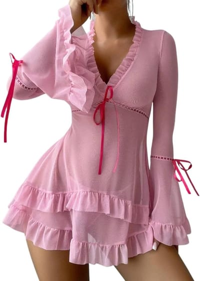 Transparante Babydoll Nachtjapon met Ruffles en String, V-hals, Lange Mouwen en Kanten Lingerie Set voor Dames