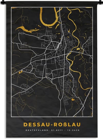 Wandkleed - Wanddoek - Black and Gold – Stadskaart – Desseau Roßlau – Duitsland – Plattegrond – Kaart - 120x180 cm - Wandtapijt