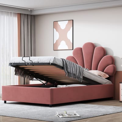 REDOM gestoffeerd bed 90x200 cm – Fluweel roze – Bloemvormig hoofdbord, hydraulische opbergruimte – 12 latten