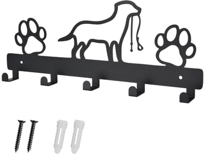 Dailygoods- Sleutelhouder met 5 haken - Hondengarderobe - Wandmontage - Zwart ijzer - Decoratie voor hondenbezitters - Afmetingen 32 x 2,5 cm - Wandhaak