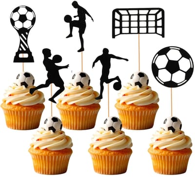 Dailygoods- Voetbaltaartdecoratie 24 Stuks - Voetbalmuffindecoratie - Cupcake-toppers - Glinsterende Voetbalparty - Sportfeestdecoratie - Zwart Acryl - Caketoppers
