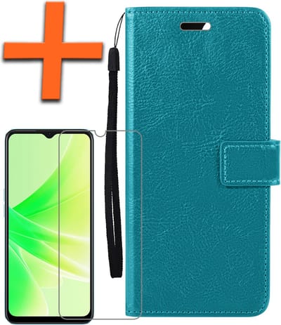Hoes - Met Screenprotector - Geschikt voor OPPO A17 - Luxe Pasjeshouder - Bookcase Portemonee - Flip Case - Kunstleer Book Case - Flipcase - Book Cover - Walletcase - PortemonneeHoes - Turquoise