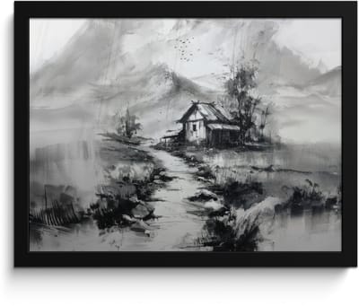 Poster in lijst - Fotolijst 40x30 cm - Posters - Hut - Grijs - Bergen - Mistig - Posterlijst zwart - Decoratie - Wanddecoratie woonkamer - Muurdecoratie slaapkamer