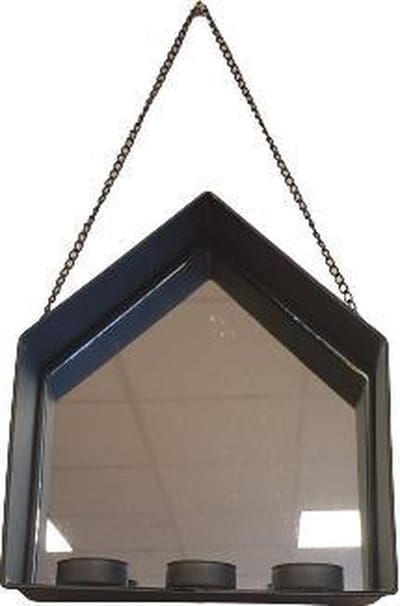 Theelichthouder XANDRA - Huis met spiegel - Zwart - Metaal / Glas - 26,5 x 22,5 x 6 cm - 3 theelichtjes - Waxinelichthouder – Waxinelicht – Gezellig – Sfeer – Kerst – Feestdagen – Licht – Wintertijd – Herfst – Thuis – Woonkamer – Interieur